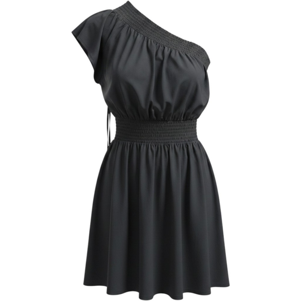 Aerie One Shoulder Dress Smocked Waist Ruffle Black XXS Cotton Summer Mini